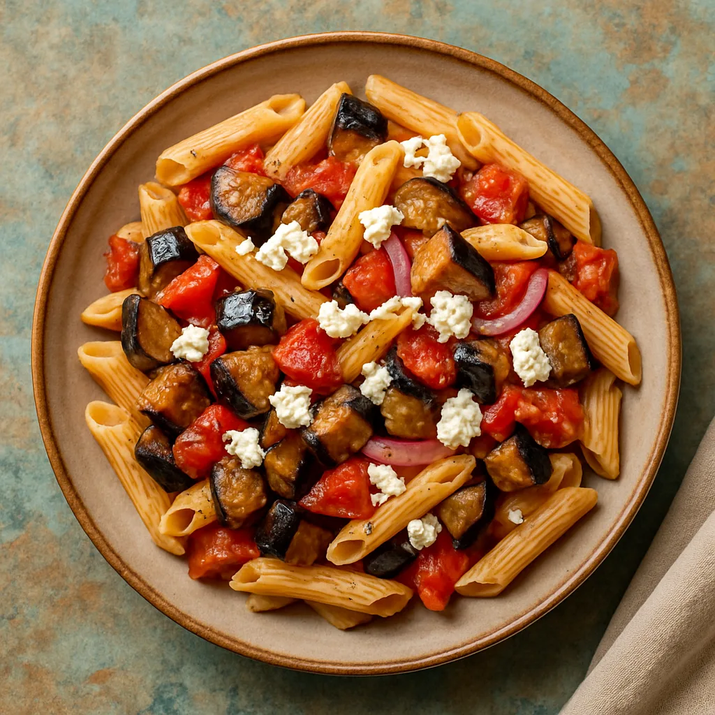 Pasta sa pečenim patlidžanom, paradajzom i feta sirom