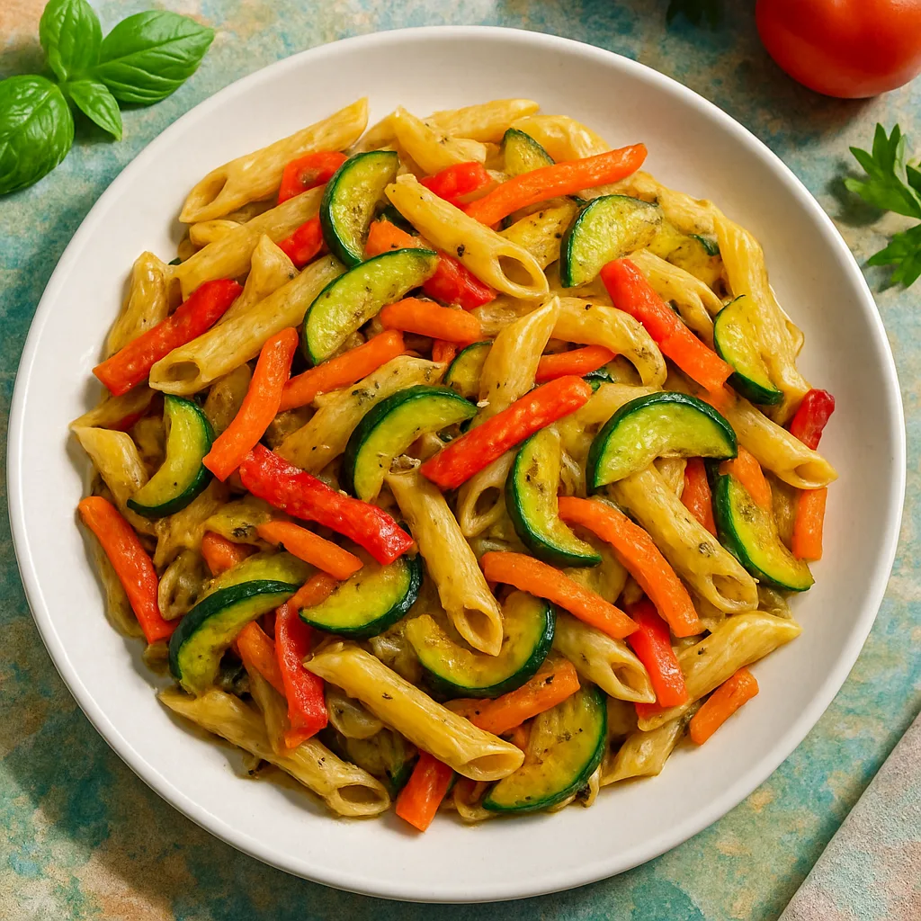 Šarena pasta sa povrćem i belim lukom